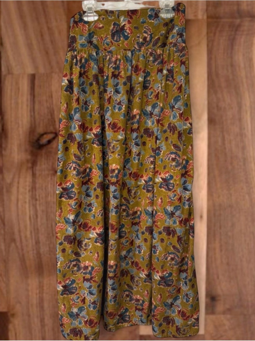 NATURAL LIFE Olive Floral Maxi Skirt with Blue & Rust Accents